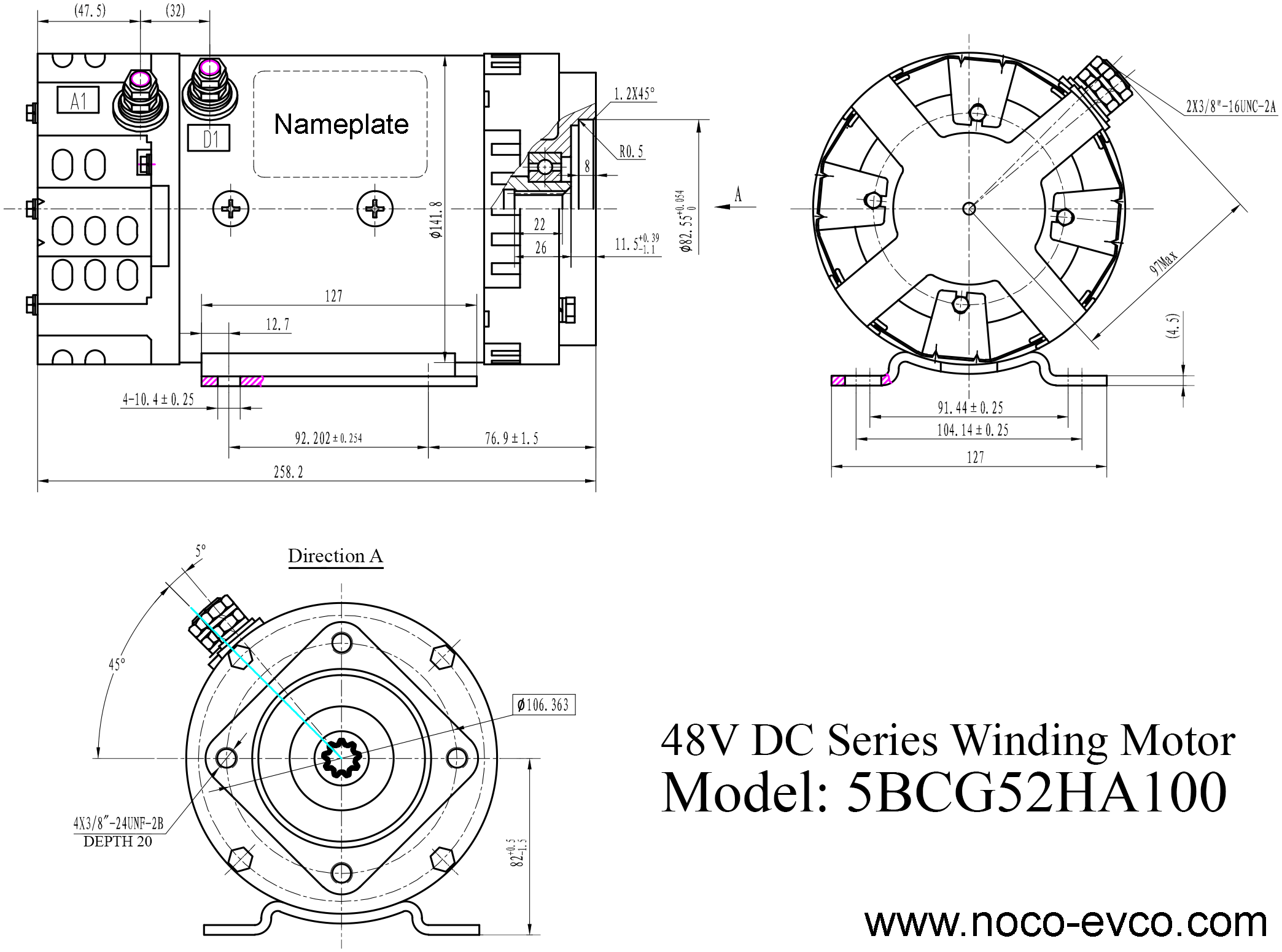 Diagram of 5BCG52HA100, 48V 2.6kW DC Motor, GENIE Part Number 48504 / 48504GT, Pump Driver For Genie Z-30/20N Z-34/22 Z-45/25