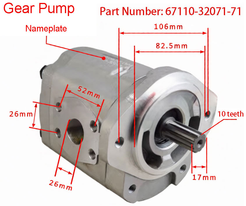 Measured Dimensions of TOYOTA Forklift Gear Pump, Part Number 67110-32071-71, NISSAN Part Number 69101-32H00