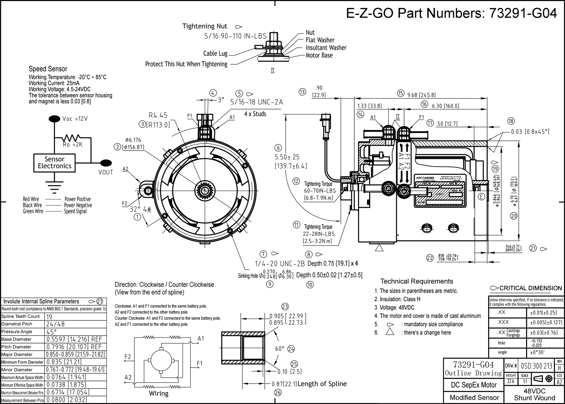 DC SepEx Motor (Shunt Wire Type), E-Z-GO TXT Part Number 73291-G04, Outline Diagram