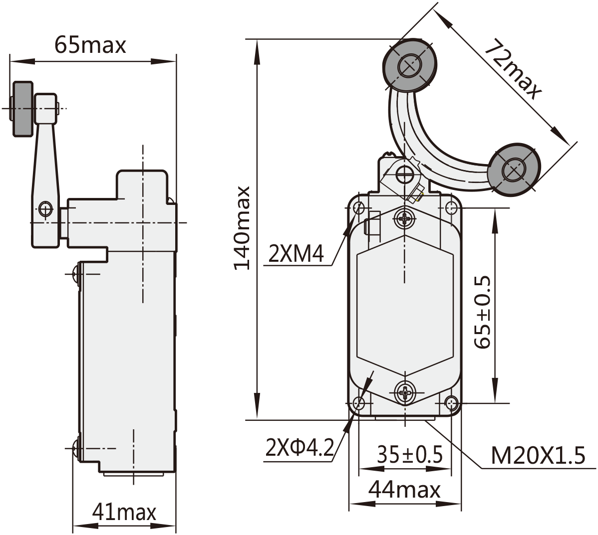 Dimensions of CHINT Travel Switch YBLX-K1/211