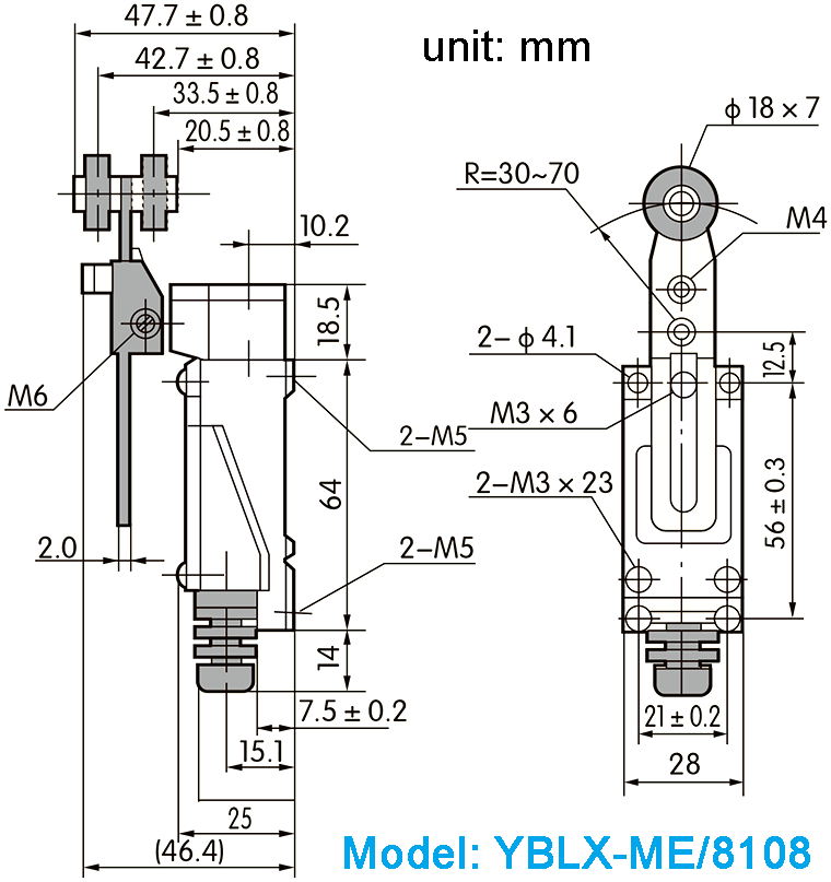 CHINT Limit Switch Model YBLX-ME-8108 Dimension Diagram