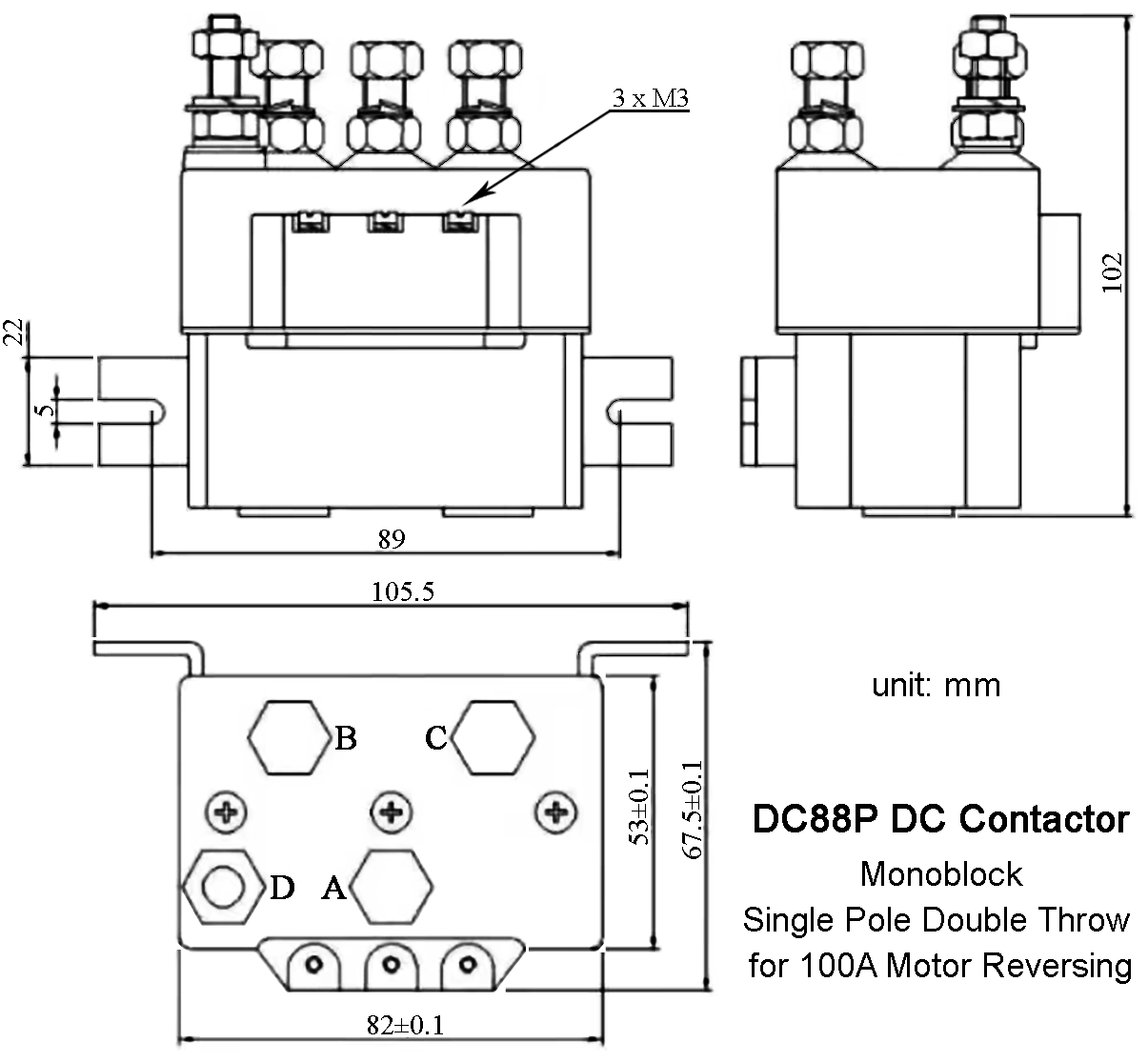 Dimensions of DC88P / DC88-xxP / DC88-48P / ZJWTP100A Waterproof Reversing Contactor