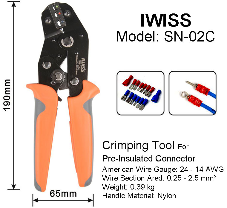 IWISS SN-02C Ratchet Type Crimper, 23-10 AWG Crimping Tool