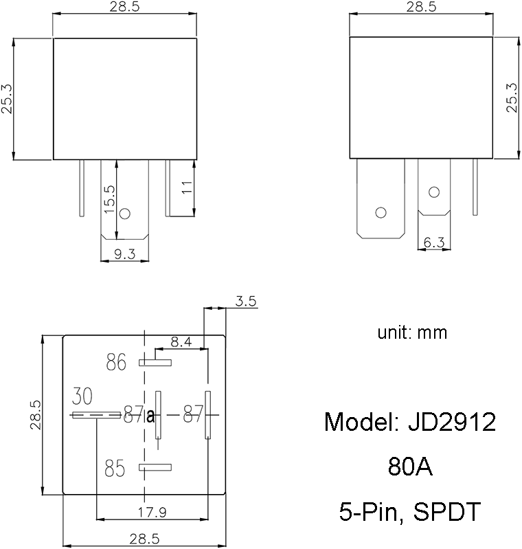 JD2912 80A 5 Pin SPDT Bosch Type Automotive DC Relay