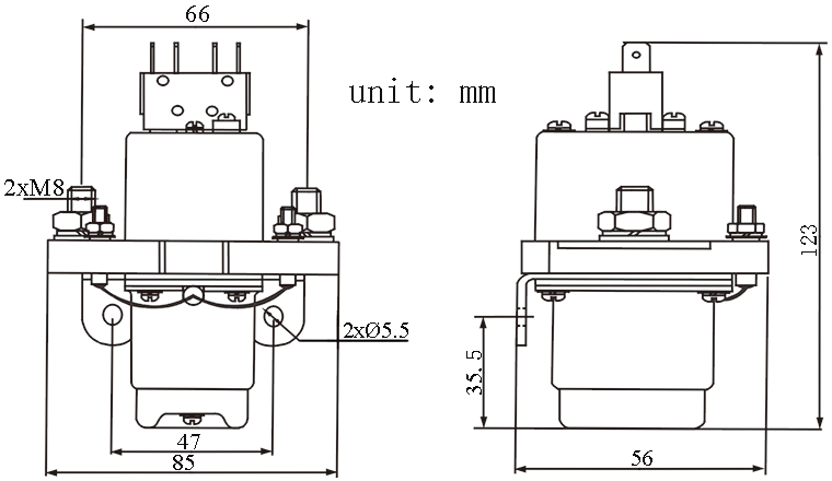 MZJ-200S/02 DC Contactor Dimensions