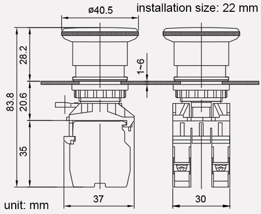 Dimensions of TAYEE Emergency Stop Button LA42J