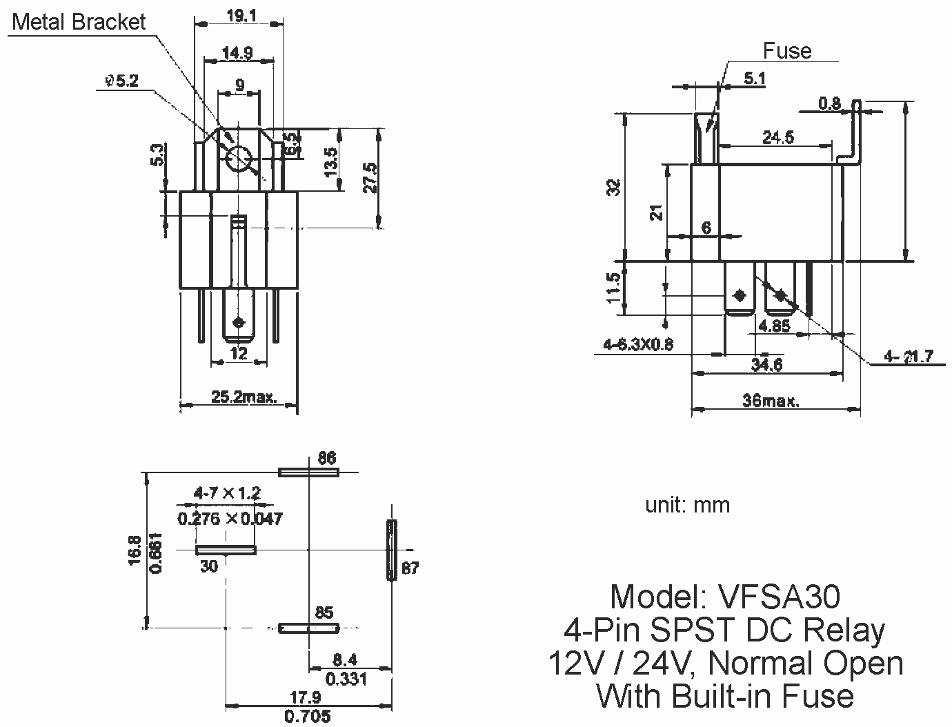 dimension diagram, 12V And 24V Automotive DC Relay, 30A SPST 4-Pin DC Relay, Normal Open