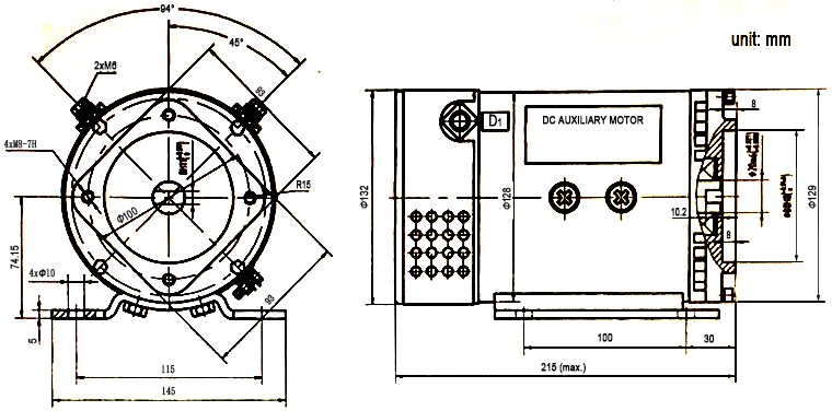 DC Auxiliary Motor Model XQD-0.75-3 Dimensions