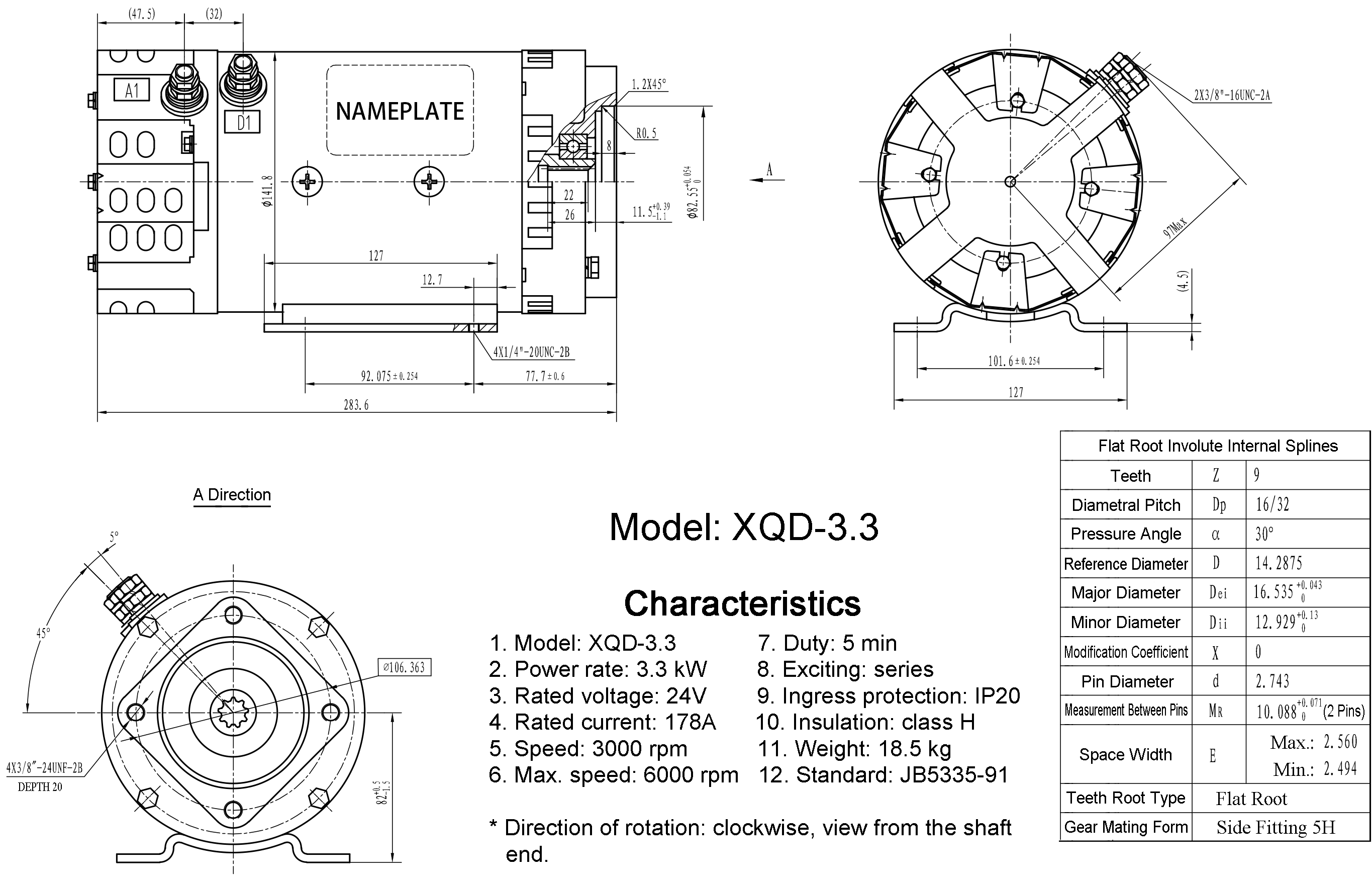 Diagram of 24V 3.3 kW DC Series Winding Motor XQD-3.3, Genie Aerial Lift Motor 40844 / 40844GT, 5BCG52MA100 / 5BCG52MA100A, MT-2430/100A, XQD-3.3H / XQD-3.3YX