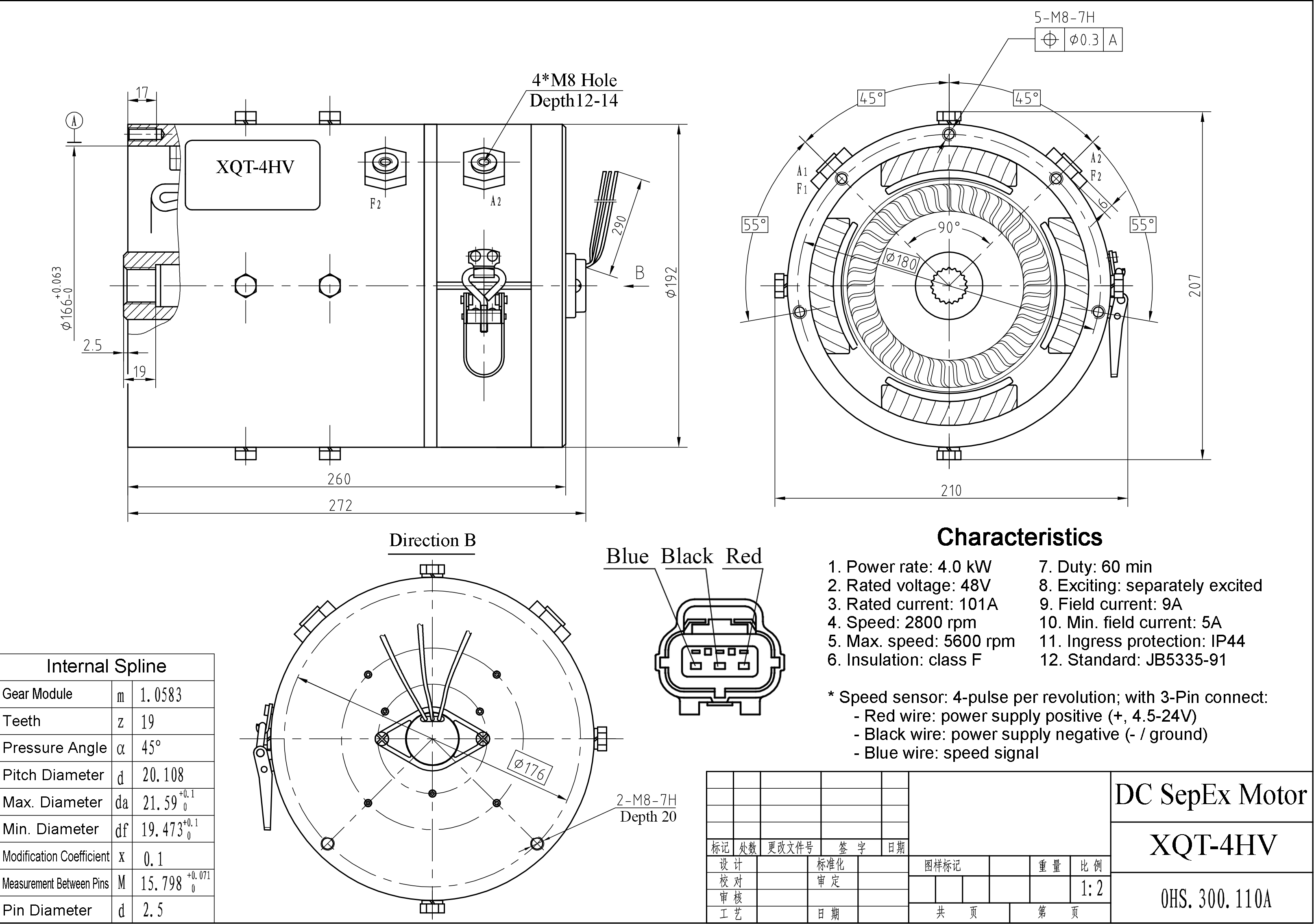 DC SepEx Motor (Shunt Wire Type), Model XQT-4HV, Product Diagram